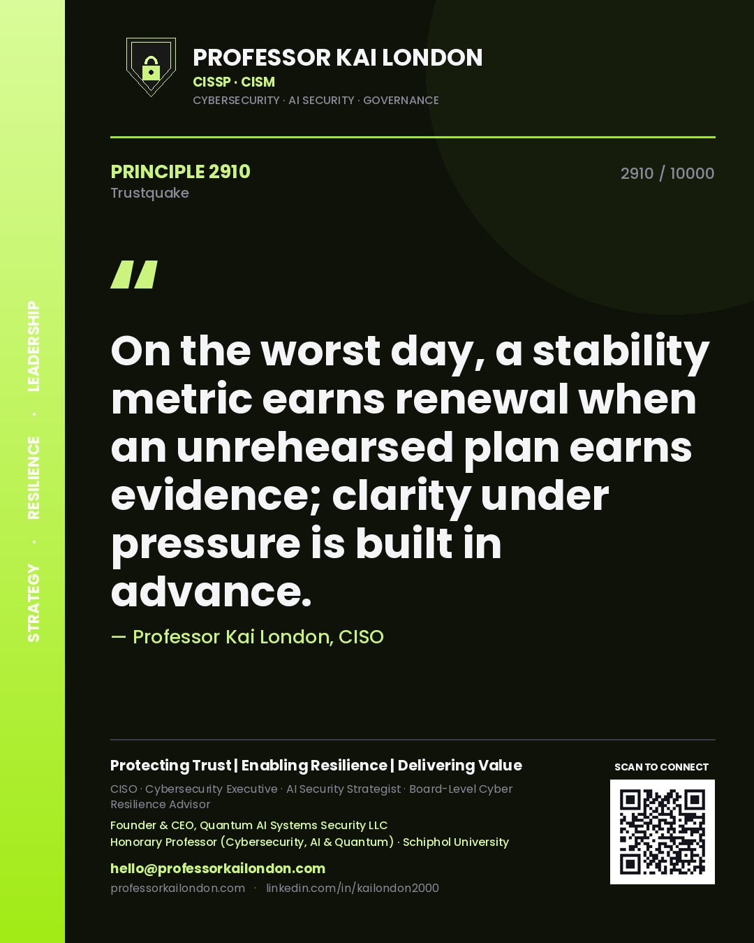 Quote card by Professor Kai London reading 'On the worst day, a stability metric earns renewal when an unrehearsed plan earns evidence; clarity under pressure is built in advance.'. From the book Trustquake.