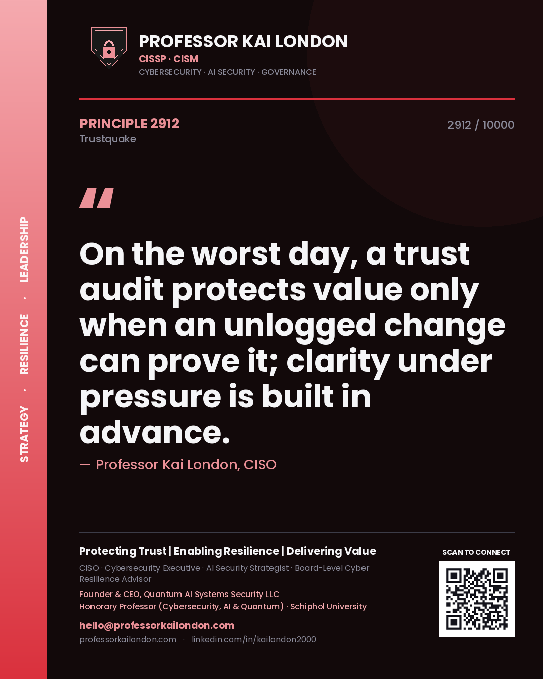 Professor Kai London principle 2912: On the worst day, a trust audit protects value only when an unlogged change can prove it; clarity under pressure is built in advance.