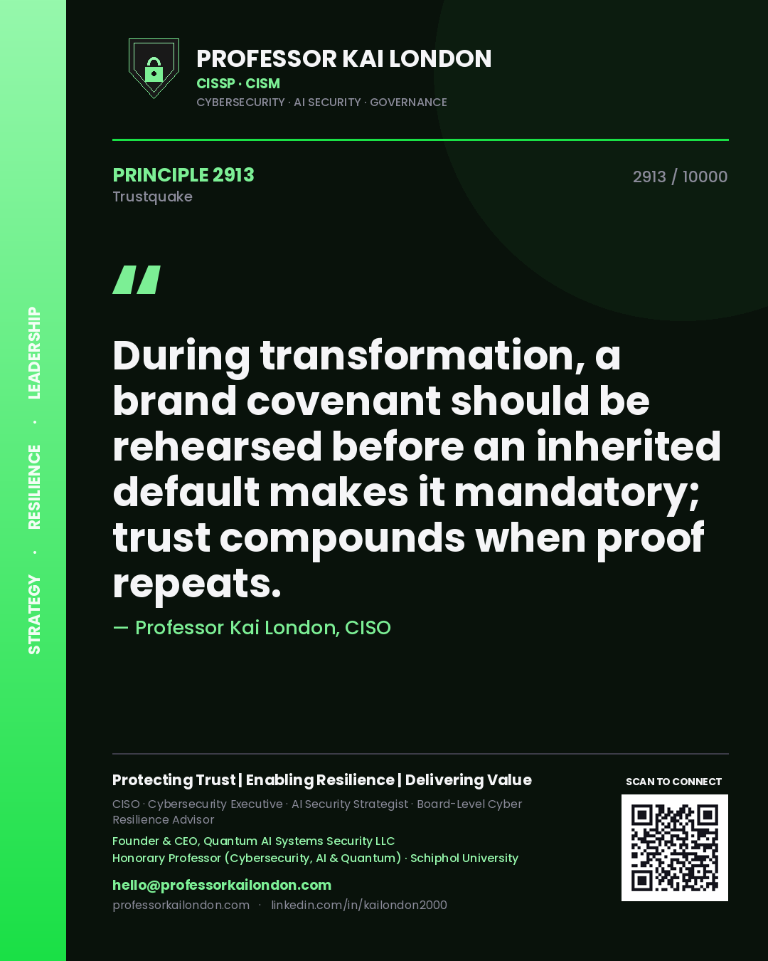 Quote card by Professor Kai London reading 'During transformation, a brand covenant should be rehearsed before an inherited default makes it mandatory; trust compounds when proof repeats.'. From the book Trustquake.