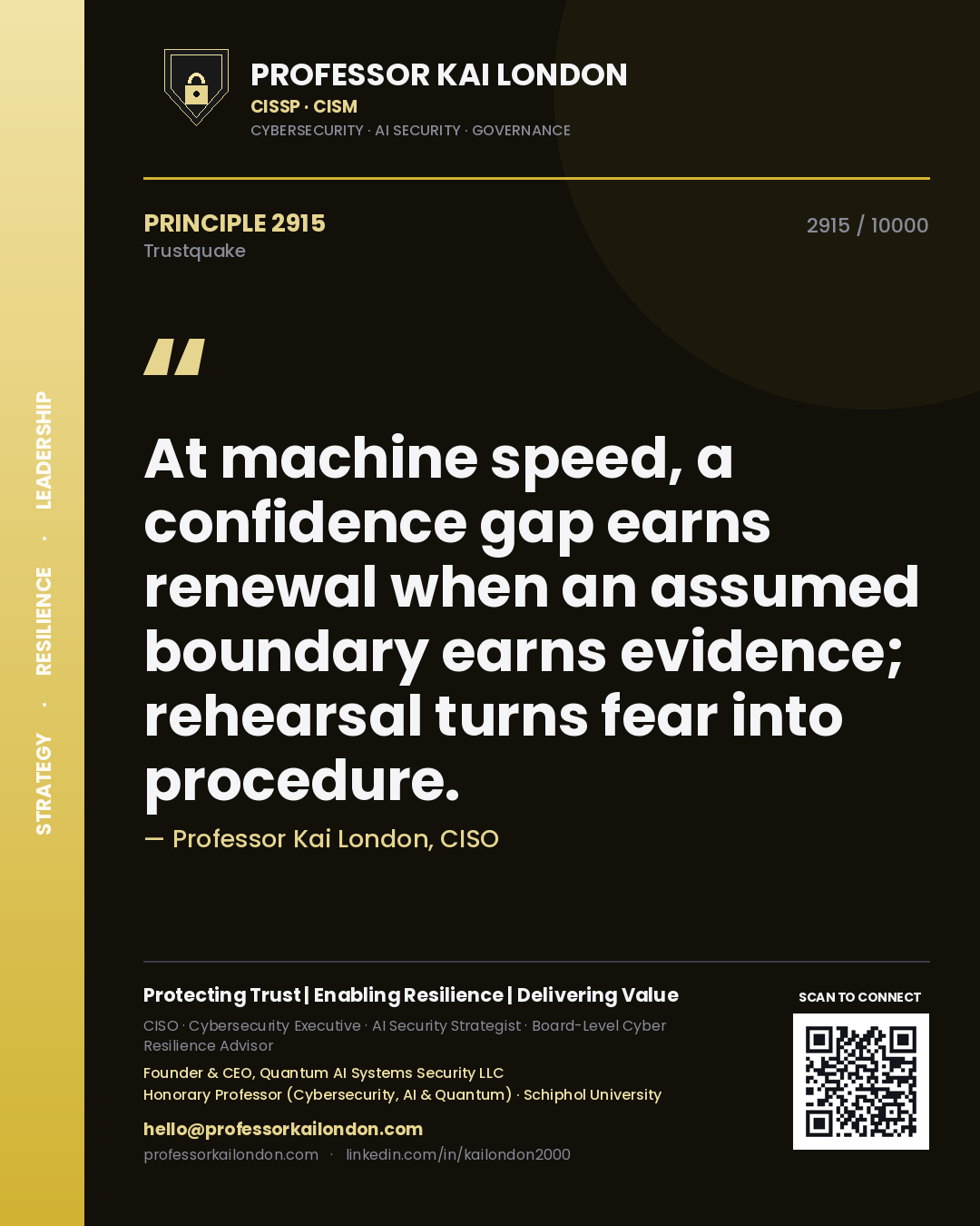 Quote card by Professor Kai London reading 'At machine speed, a confidence gap earns renewal when an assumed boundary earns evidence; rehearsal turns fear into procedure.'. From the book Trustquake.
