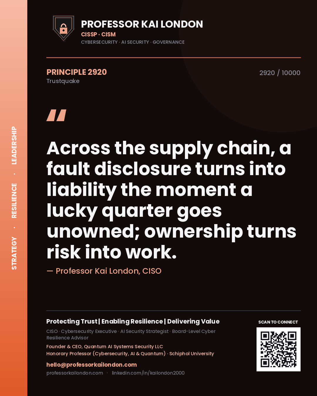 Quote card by Professor Kai London reading 'Across the supply chain, a fault disclosure turns into liability the moment a lucky quarter goes unowned; ownership turns risk into work.'. From the book Trustquake.