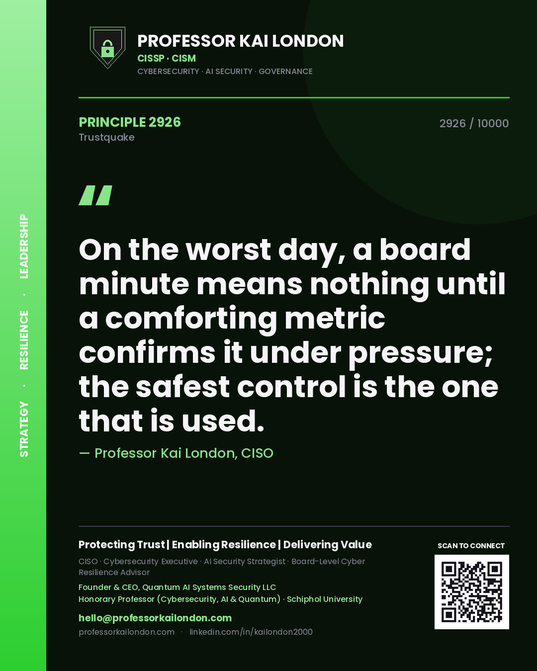 Quote card by Professor Kai London reading 'On the worst day, a board minute means nothing until a comforting metric confirms it under pressure; the safest control is the one that is used.'. From the book Trustquake.