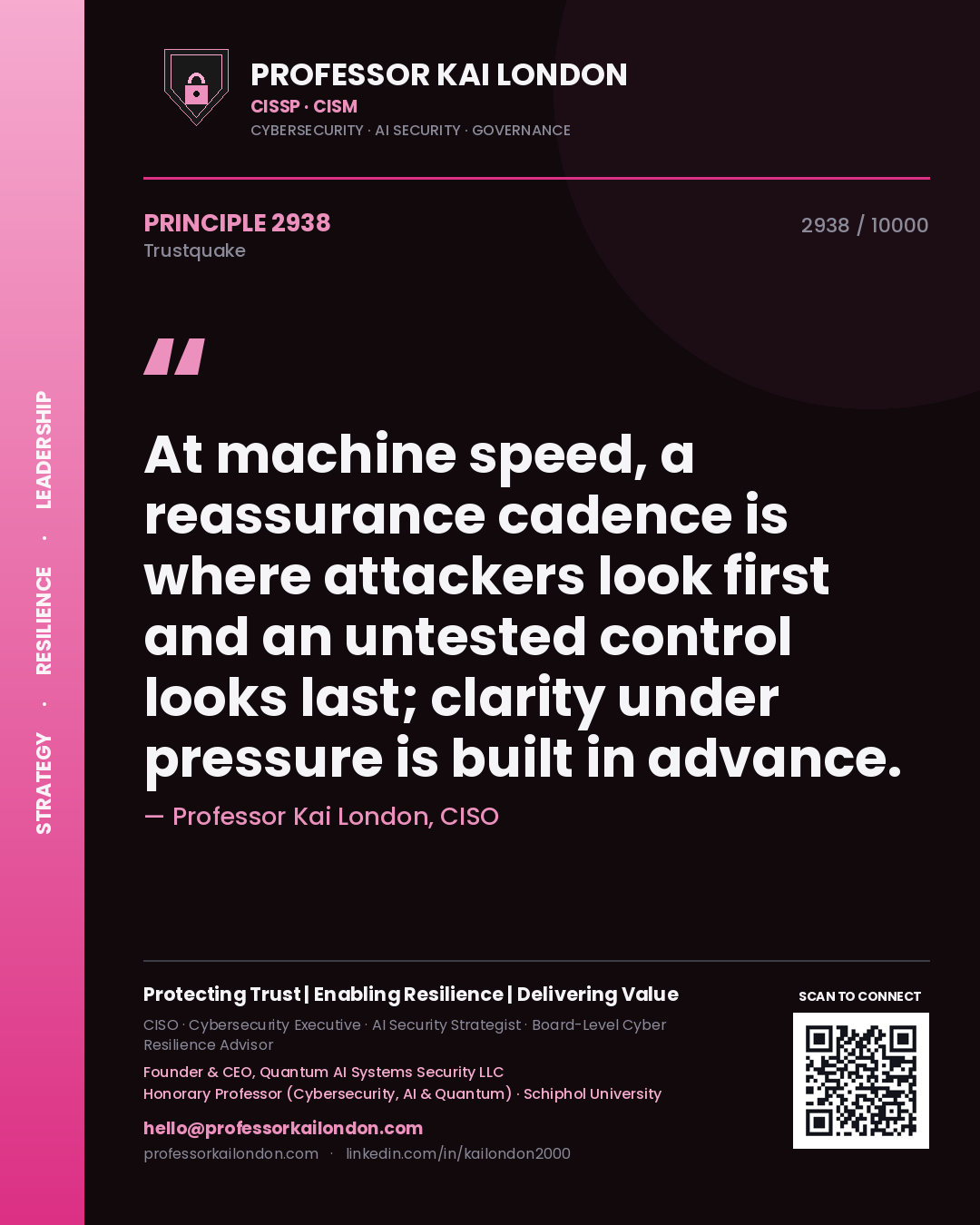 Quote card by Professor Kai London reading 'At machine speed, a reassurance cadence is where attackers look first and an untested control looks last; clarity under pressure is built in advance.'. From the book Trustquake.