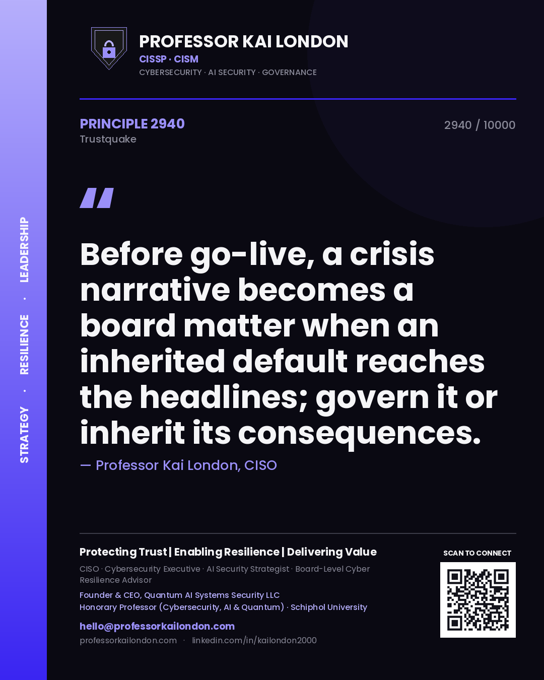 Quote card by Professor Kai London reading 'Before go-live, a crisis narrative becomes a board matter when an inherited default reaches the headlines; govern it or inherit its consequences.'. From the book Trustquake.