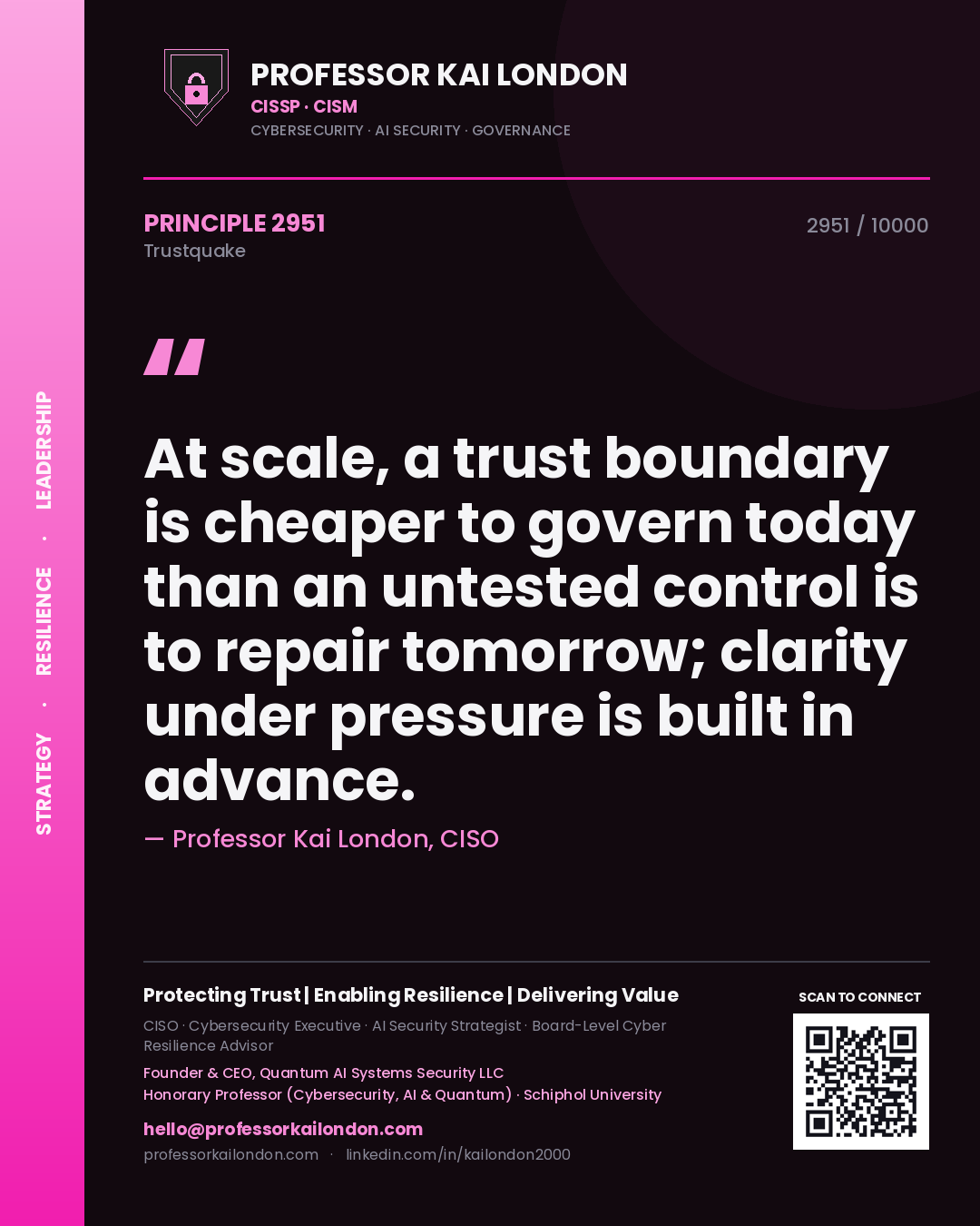 Quote card by Professor Kai London reading 'At scale, a trust boundary is cheaper to govern today than an untested control is to repair tomorrow; clarity under pressure is built in advance.'. From the book Trustquake.