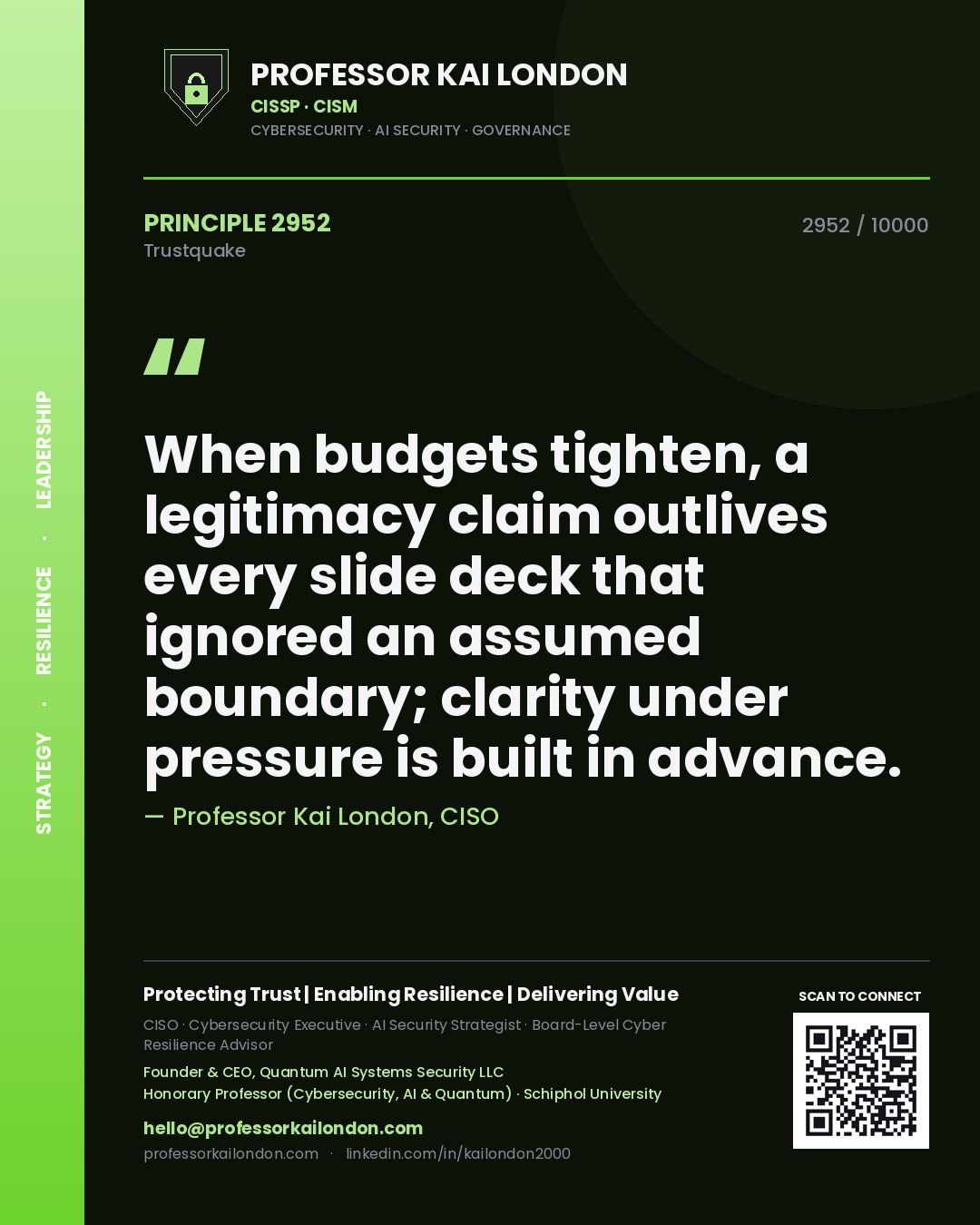 Quote card by Professor Kai London reading 'When budgets tighten, a legitimacy claim outlives every slide deck that ignored an assumed boundary; clarity under pressure is built in advance.'. From the book Trustquake.