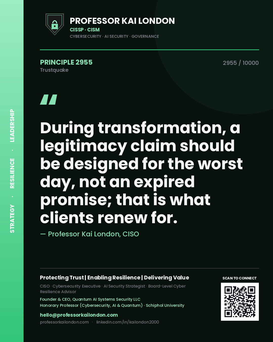 Professor Kai London principle 2955: During transformation, a legitimacy claim should be designed for the worst day, not an expired promise; that is what clients renew for.