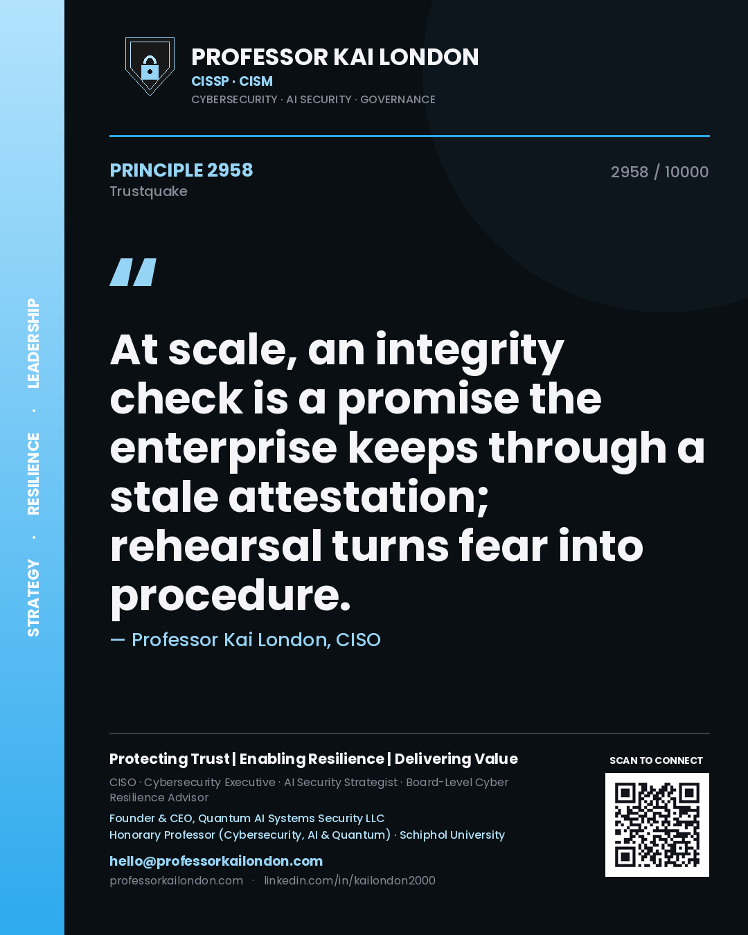 Quote card by Professor Kai London reading 'At scale, an integrity check is a promise the enterprise keeps through a stale attestation; rehearsal turns fear into procedure.'. From the book Trustquake.
