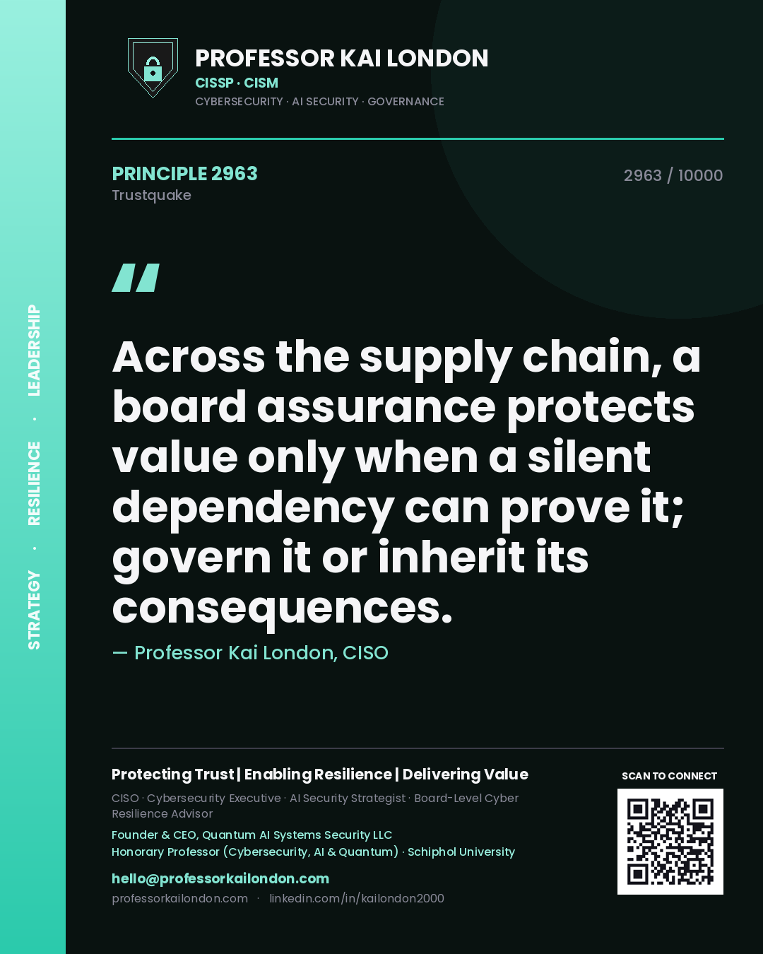 Professor Kai London principle 2963: Across the supply chain, a board assurance protects value only when a silent dependency can prove it; govern it or inherit its consequences.
