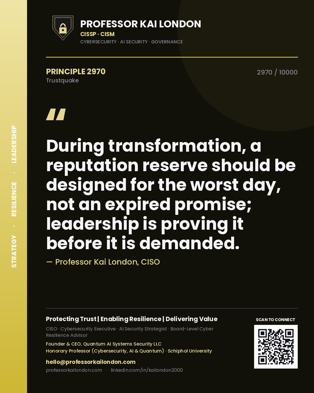 Professor Kai London principle 2970: During transformation, a reputation reserve should be designed for the worst day, not an expired promise; leadership is proving it before it is demanded.