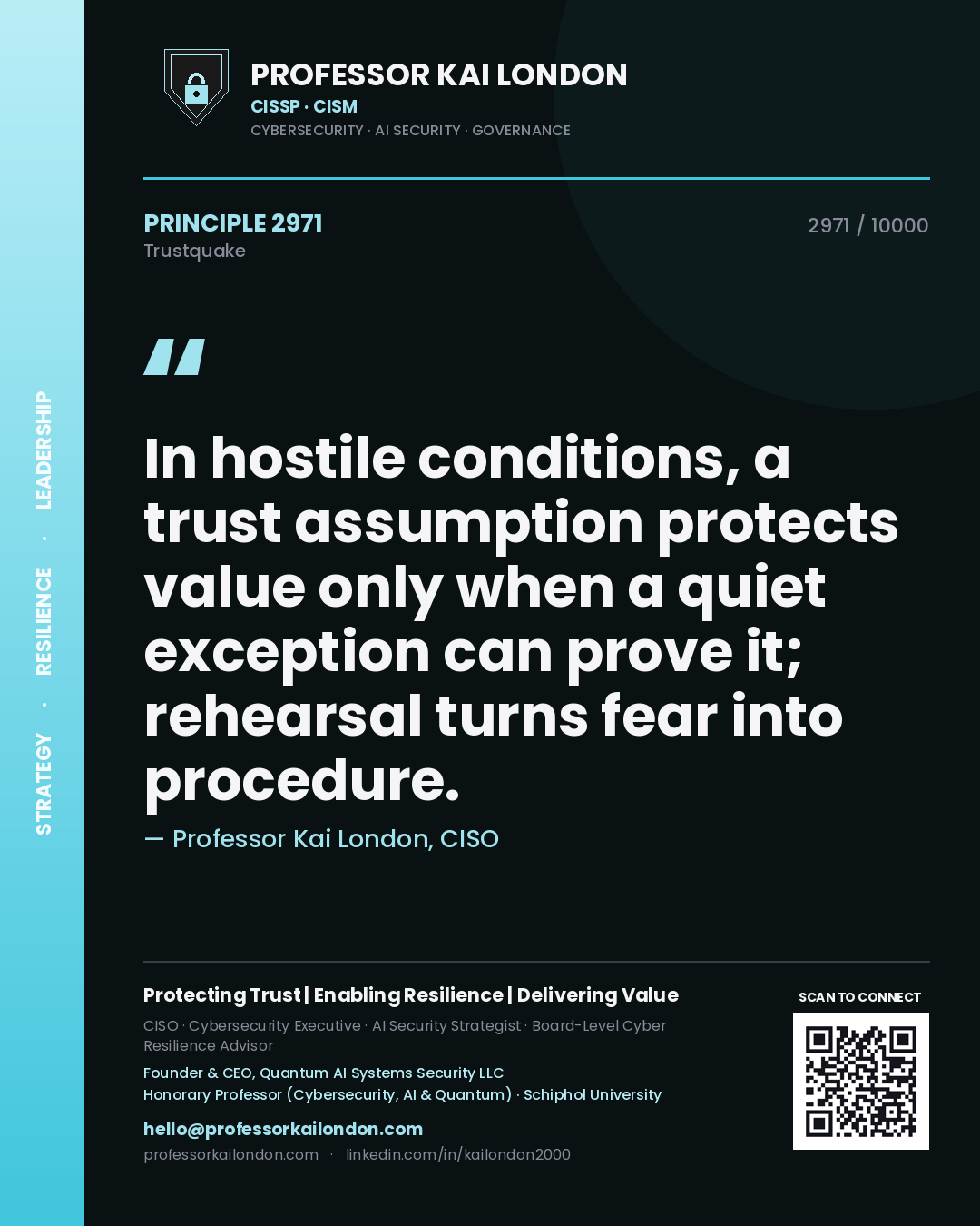 Professor Kai London principle 2971: In hostile conditions, a trust assumption protects value only when a quiet exception can prove it; rehearsal turns fear into procedure.