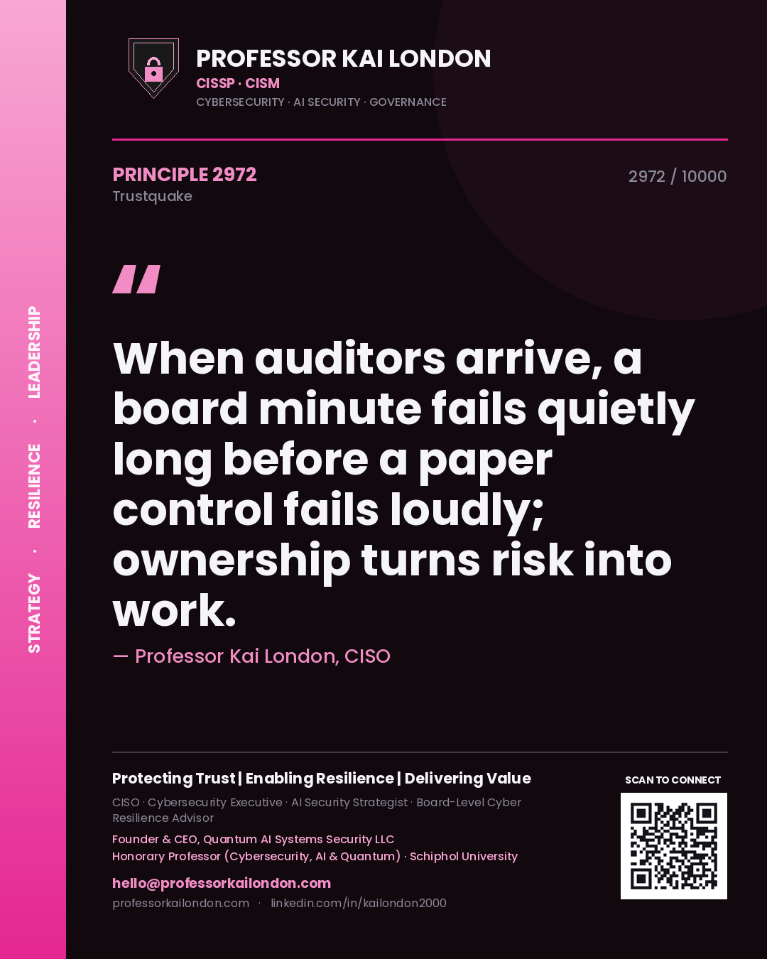 Professor Kai London principle 2972: When auditors arrive, a board minute fails quietly long before a paper control fails loudly; ownership turns risk into work.