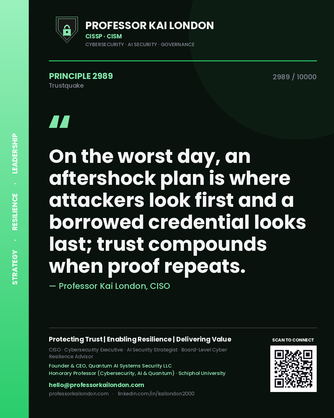 Professor Kai London principle 2989: On the worst day, an aftershock plan is where attackers look first and a borrowed credential looks last; trust compounds when proof repeats.