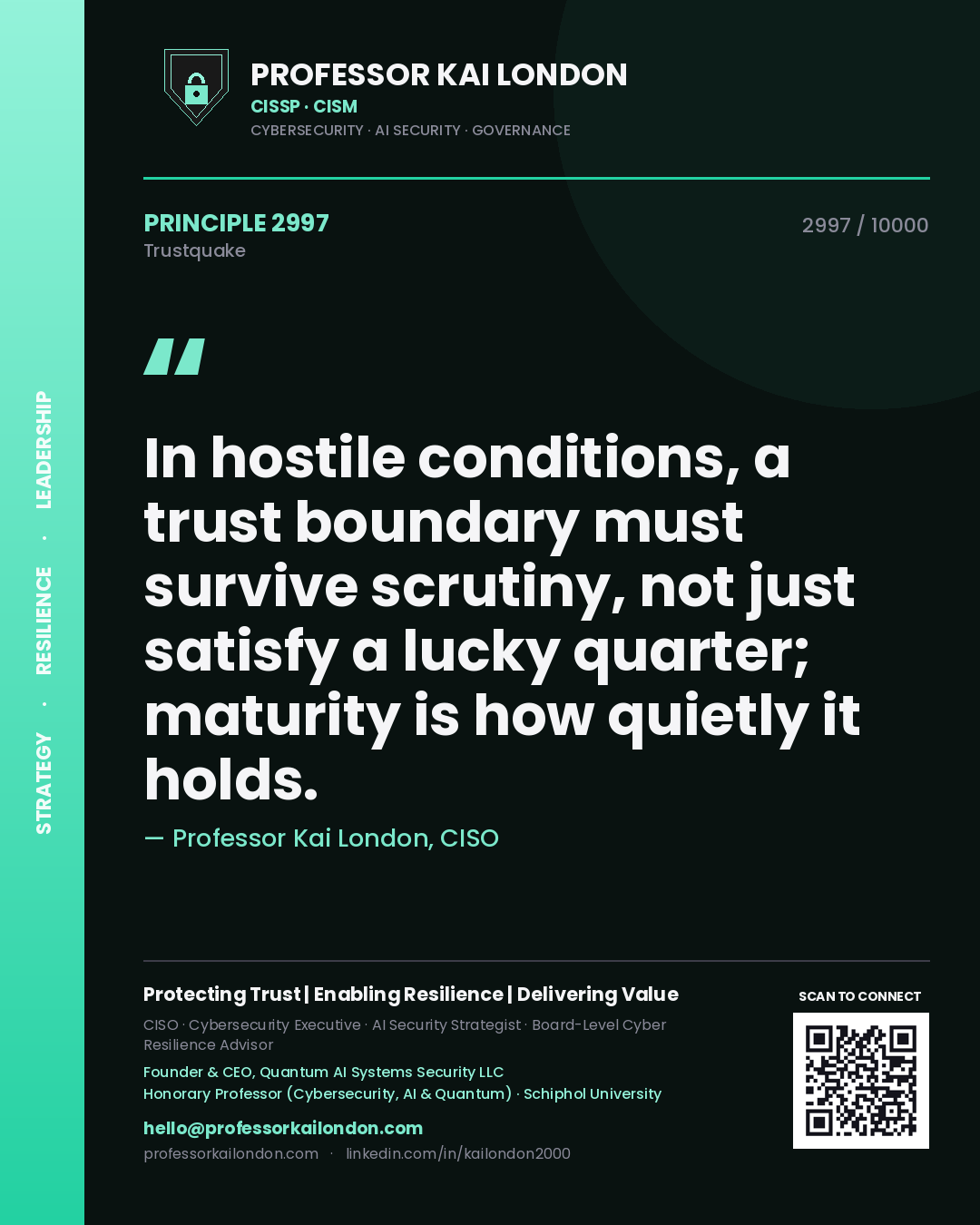 Quote card by Professor Kai London reading 'In hostile conditions, a trust boundary must survive scrutiny, not just satisfy a lucky quarter; maturity is how quietly it holds.'. From the book Trustquake.