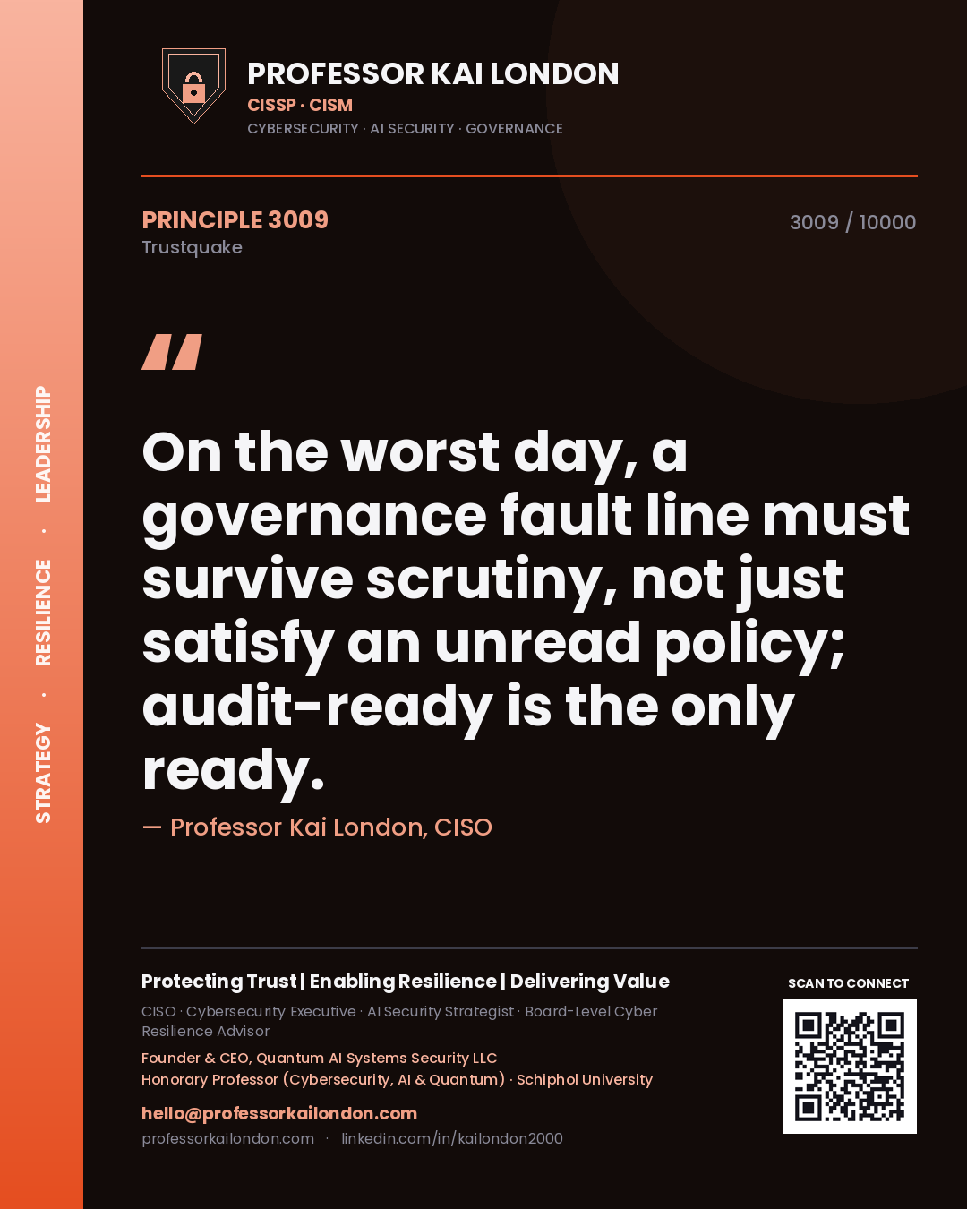 Quote card by Professor Kai London reading 'On the worst day, a governance fault line must survive scrutiny, not just satisfy an unread policy; audit-ready is the only ready.'. From the book Trustquake.