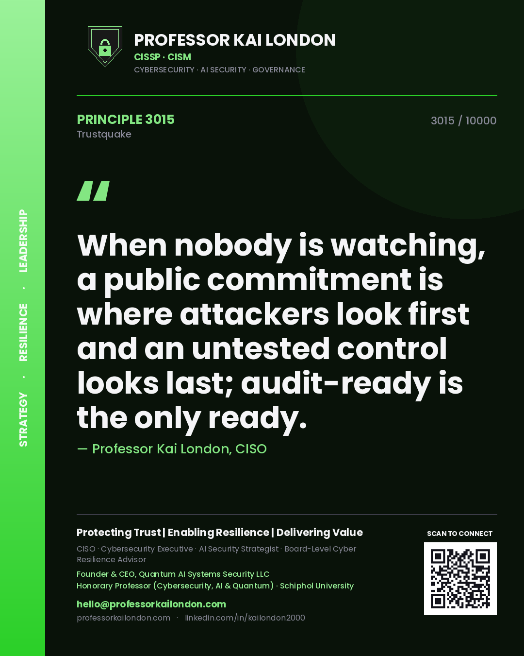 Quote card by Professor Kai London reading 'When nobody is watching, a public commitment is where attackers look first and an untested control looks last; audit-ready is the only ready.'. From the book Trustquake.