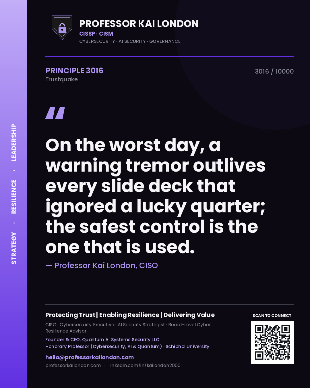 Quote card by Professor Kai London reading 'On the worst day, a warning tremor outlives every slide deck that ignored a lucky quarter; the safest control is the one that is used.'. From the book Trustquake.