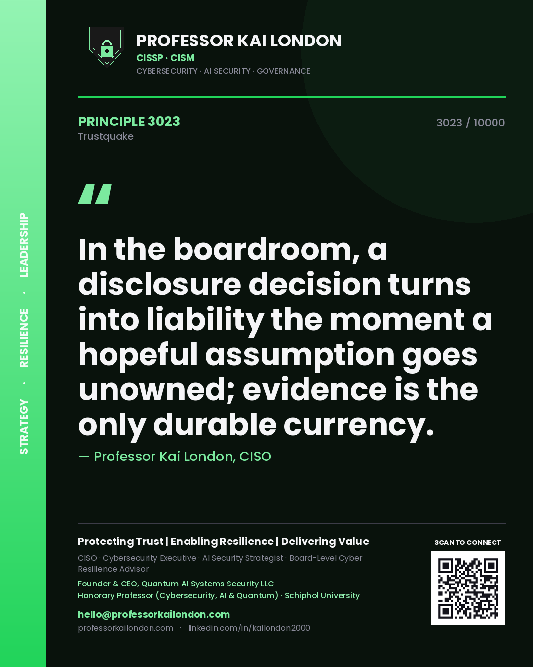 Quote card by Professor Kai London reading 'In the boardroom, a disclosure decision turns into liability the moment a hopeful assumption goes unowned; evidence is the only durable currency.'. From the book Trustquake.
