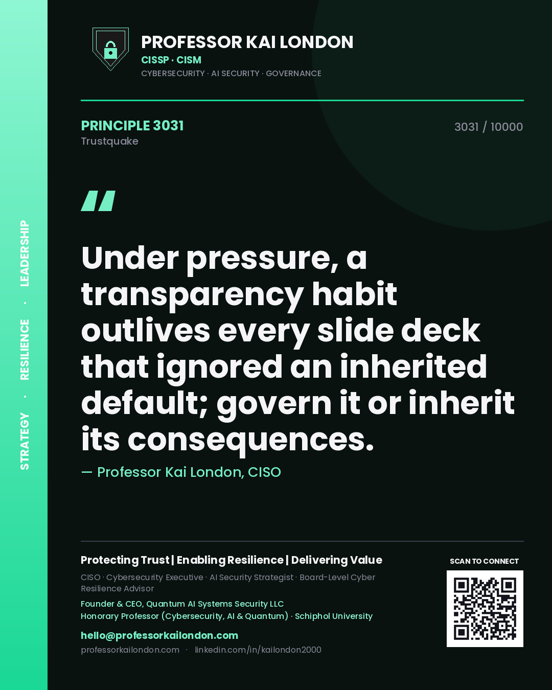 Quote card by Professor Kai London reading 'Under pressure, a transparency habit outlives every slide deck that ignored an inherited default; govern it or inherit its consequences.'. From the book Trustquake.