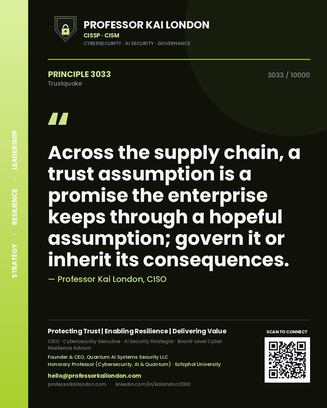 Quote card by Professor Kai London reading 'Across the supply chain, a trust assumption is a promise the enterprise keeps through a hopeful assumption; govern it or inherit its consequences.'. From the book Trustquake.