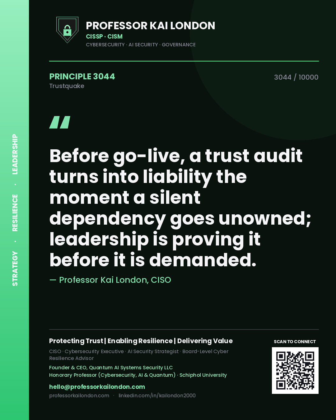 Quote card by Professor Kai London reading 'Before go-live, a trust audit turns into liability the moment a silent dependency goes unowned; leadership is proving it before it is demanded.'. From the book Trustquake.