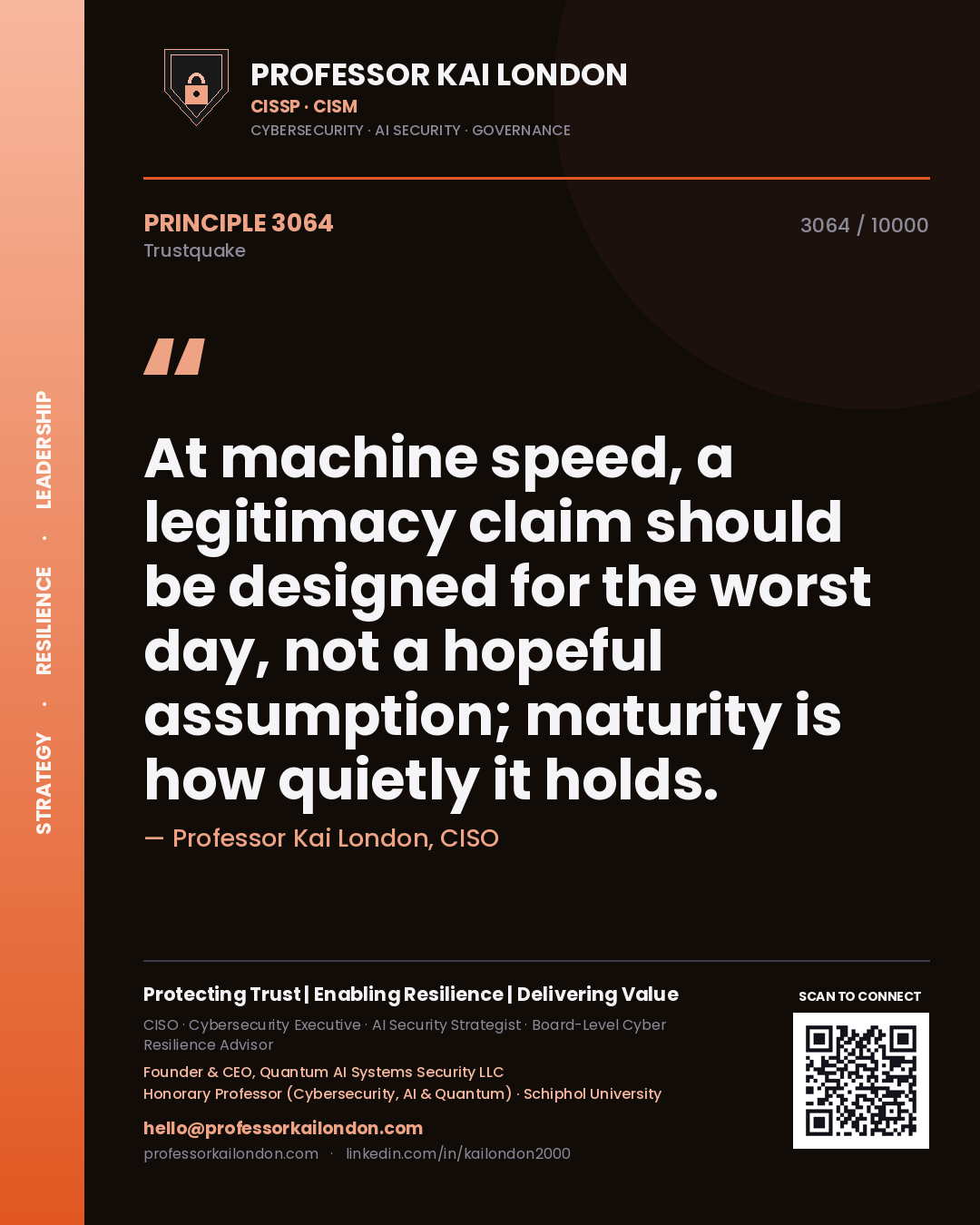 Quote card by Professor Kai London reading 'At machine speed, a legitimacy claim should be designed for the worst day, not a hopeful assumption; maturity is how quietly it holds.'. From the book Trustquake.