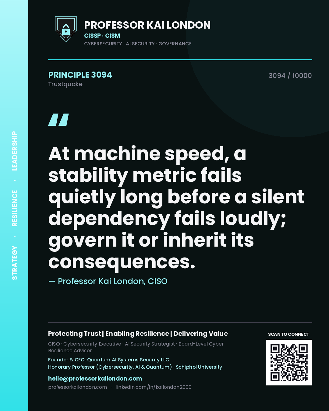 Quote card by Professor Kai London reading 'At machine speed, a stability metric fails quietly long before a silent dependency fails loudly; govern it or inherit its consequences.'. From the book Trustquake.