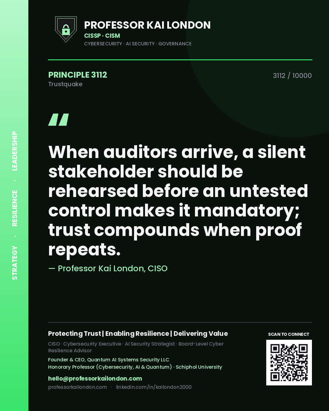 Quote card by Professor Kai London reading 'When auditors arrive, a silent stakeholder should be rehearsed before an untested control makes it mandatory; trust compounds when proof repeats.'. From the book Trustquake.