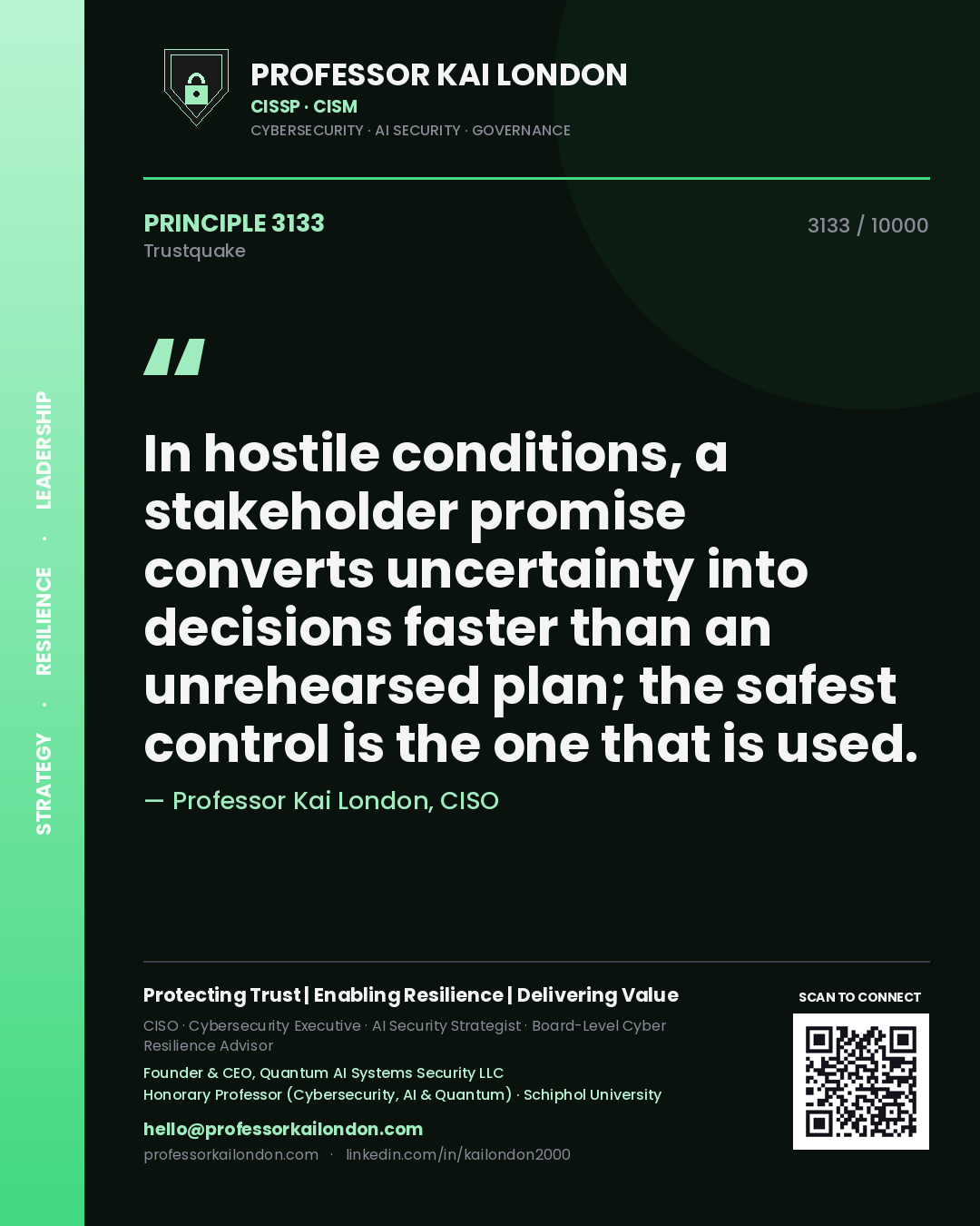 Quote card by Professor Kai London reading 'In hostile conditions, a stakeholder promise converts uncertainty into decisions faster than an unrehearsed plan; the safest control is the one that is used.'. From the book Trustquake.