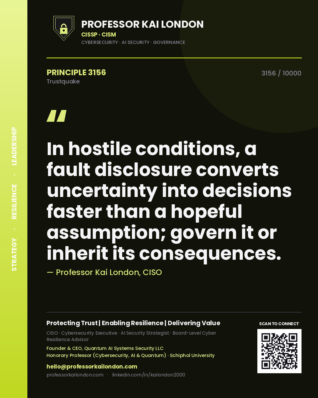 Quote card by Professor Kai London reading 'In hostile conditions, a fault disclosure converts uncertainty into decisions faster than a hopeful assumption; govern it or inherit its consequences.'. From the book Trustquake.