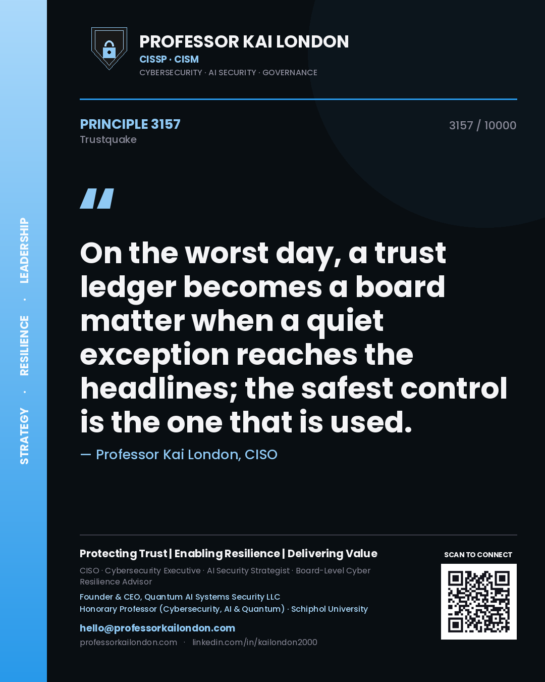 Professor Kai London principle 3157: On the worst day, a trust ledger becomes a board matter when a quiet exception reaches the headlines; the safest control is the one that is used.