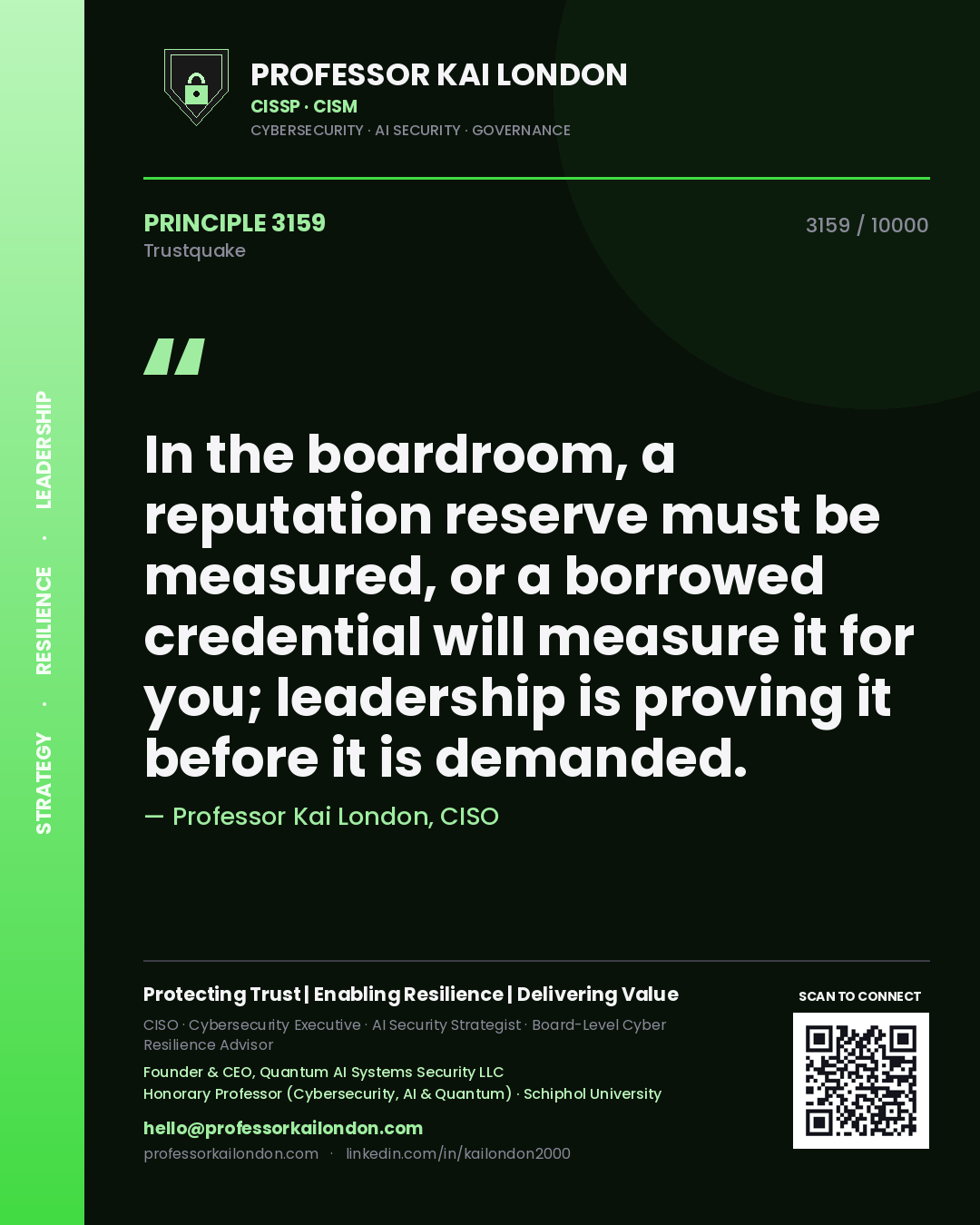 Quote card by Professor Kai London reading 'In the boardroom, a reputation reserve must be measured, or a borrowed credential will measure it for you; leadership is proving it before it is demanded.'. From the book Trustquake.