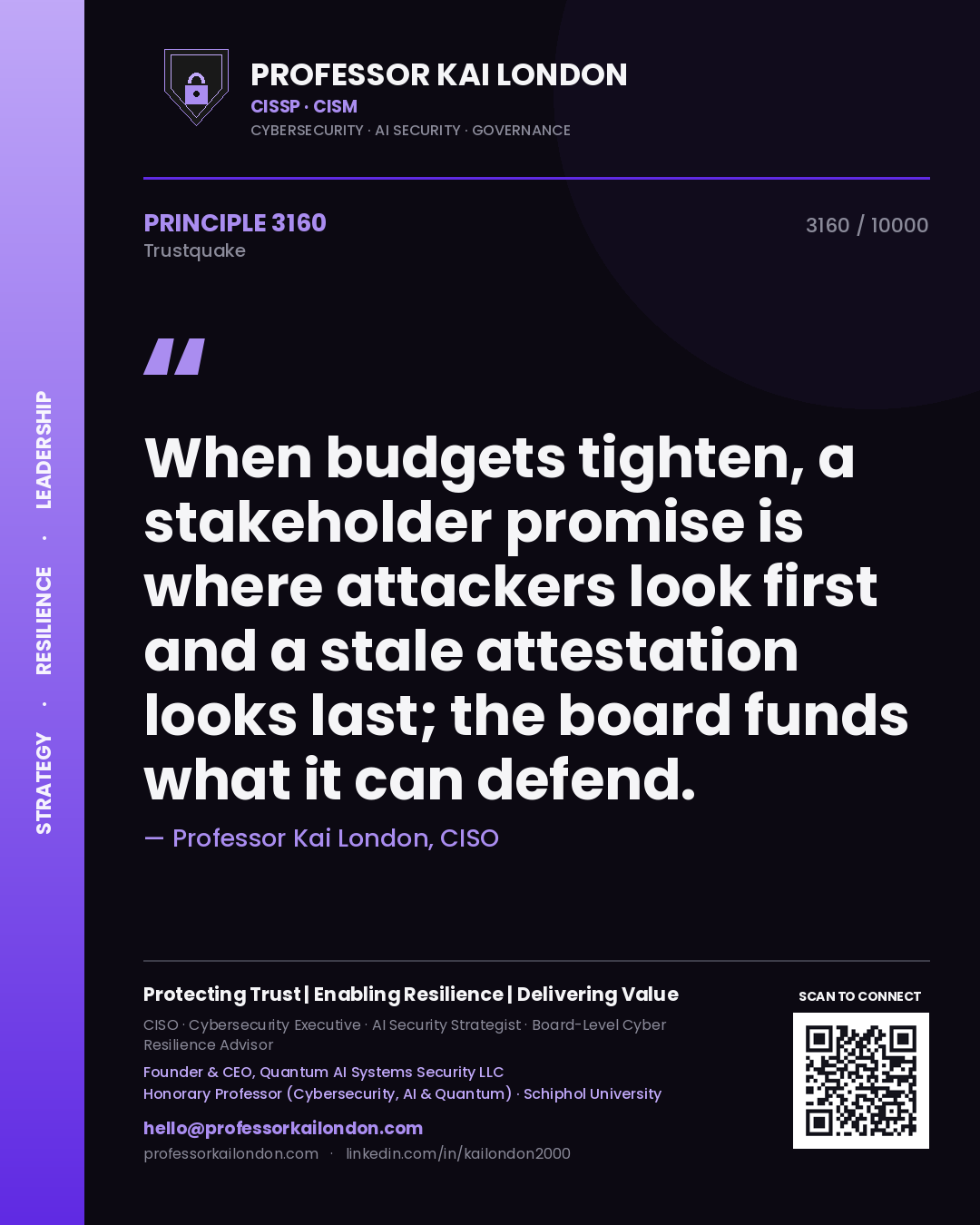 Professor Kai London principle 3160: When budgets tighten, a stakeholder promise is where attackers look first and a stale attestation looks last; the board funds what it can defend.
