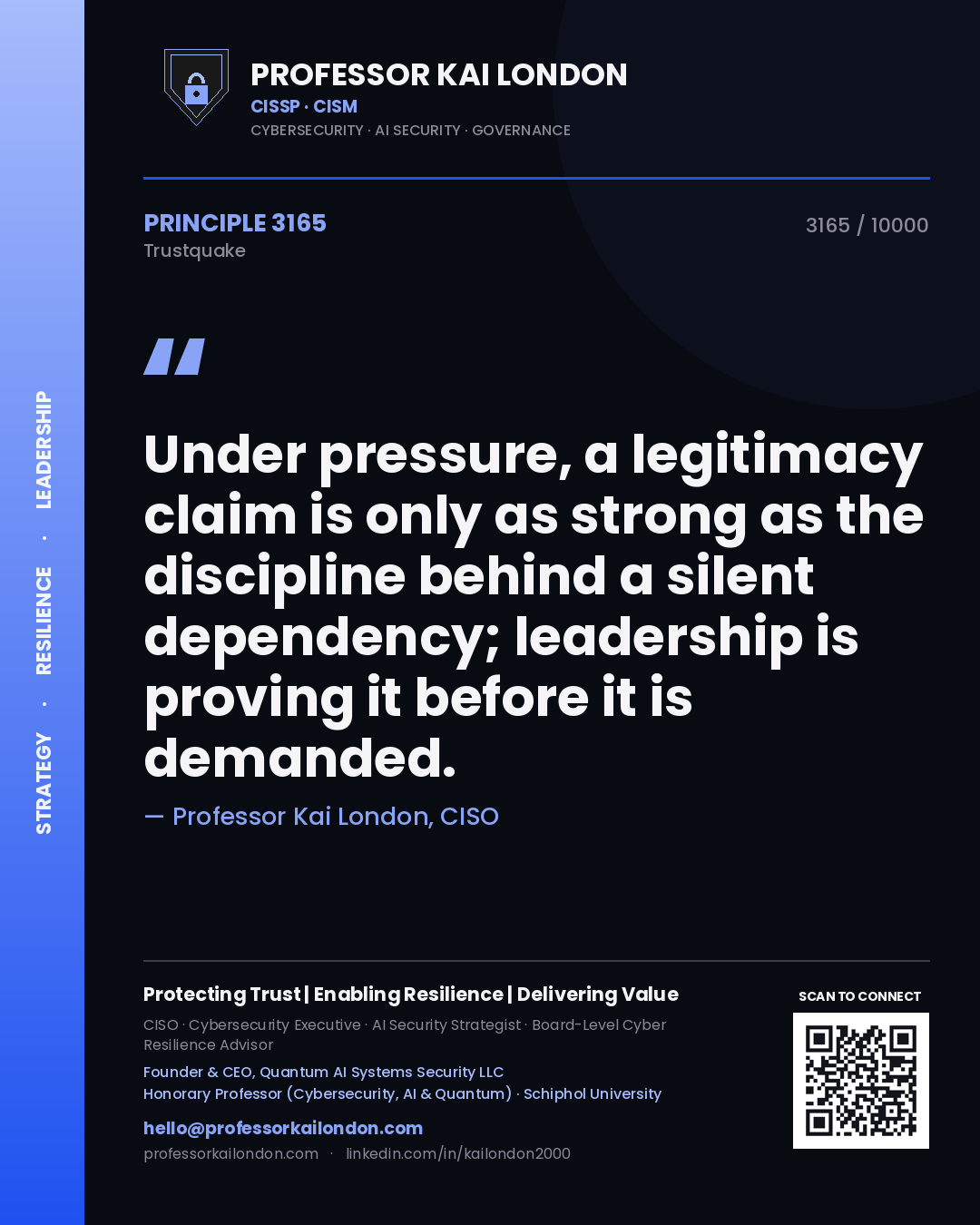 Quote card by Professor Kai London reading 'Under pressure, a legitimacy claim is only as strong as the discipline behind a silent dependency; leadership is proving it before it is demanded.'. From the book Trustquake.