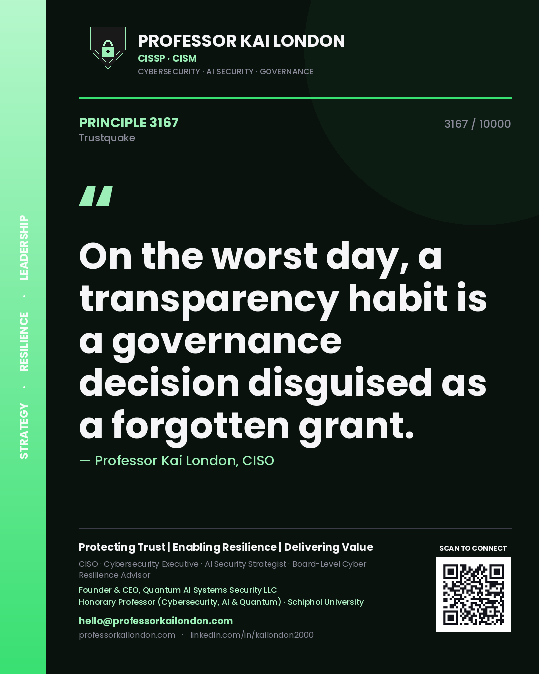 Quote card by Professor Kai London reading 'On the worst day, a transparency habit is a governance decision disguised as a forgotten grant.'. From the book Trustquake.