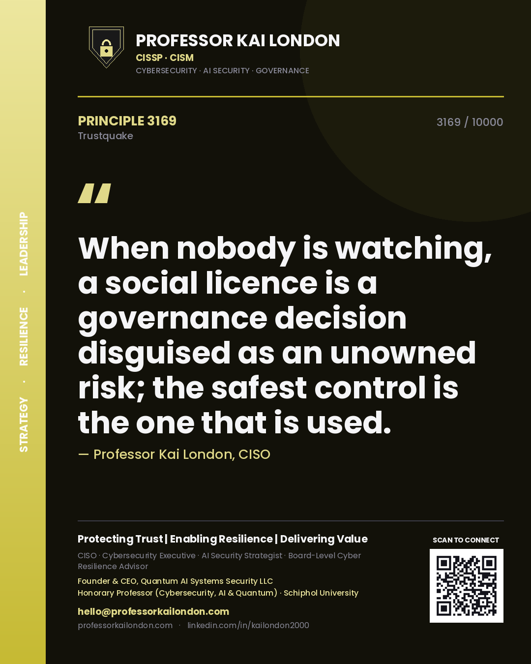 Quote card by Professor Kai London reading 'When nobody is watching, a social licence is a governance decision disguised as an unowned risk; the safest control is the one that is used.'. From the book Trustquake.
