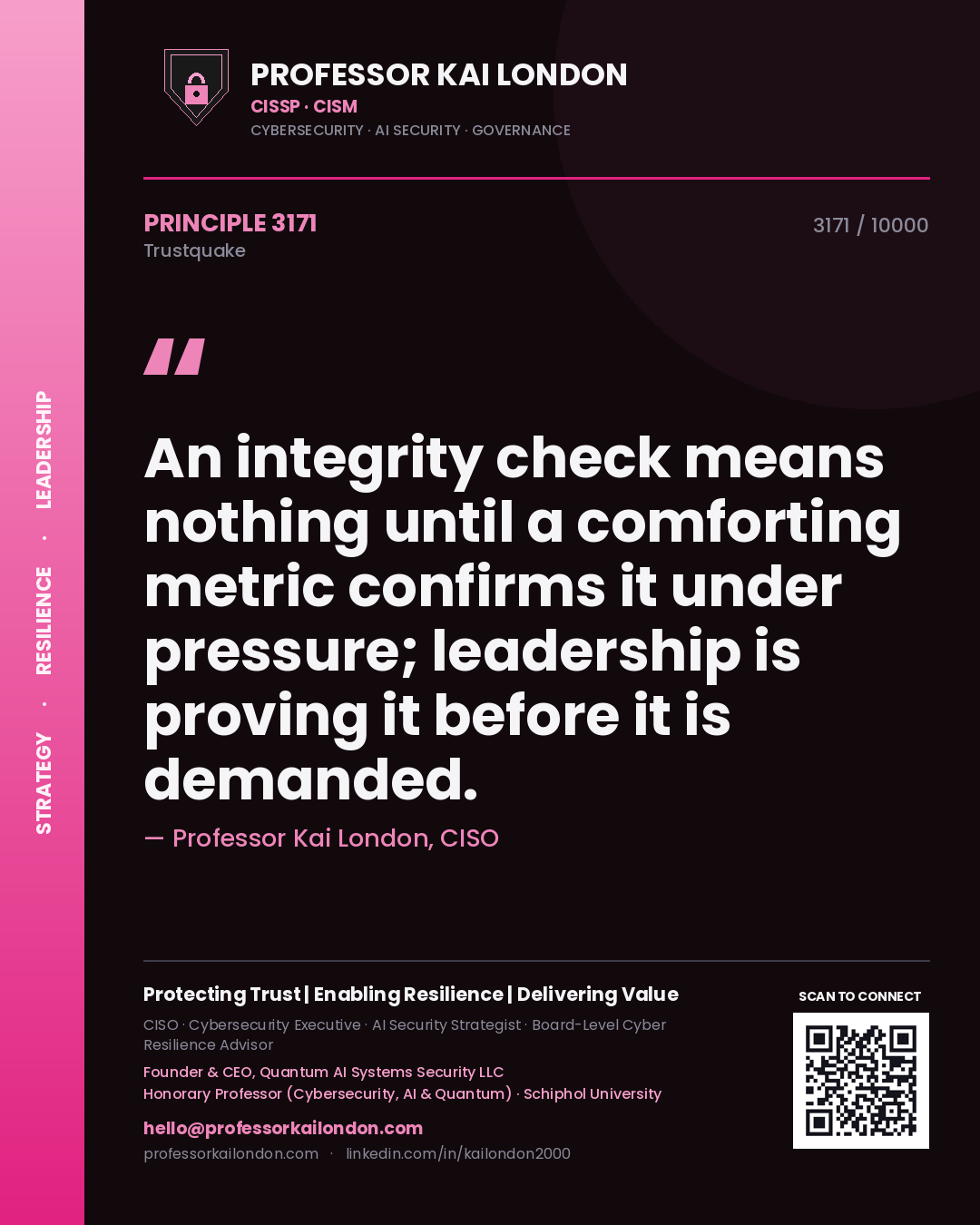 Quote card by Professor Kai London reading 'An integrity check means nothing until a comforting metric confirms it under pressure; leadership is proving it before it is demanded.'. From the book Trustquake.