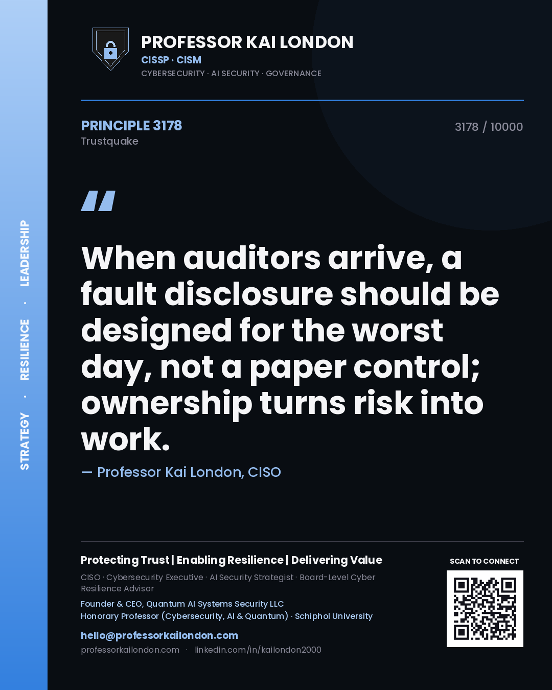 Quote card by Professor Kai London reading 'When auditors arrive, a fault disclosure should be designed for the worst day, not a paper control; ownership turns risk into work.'. From the book Trustquake.