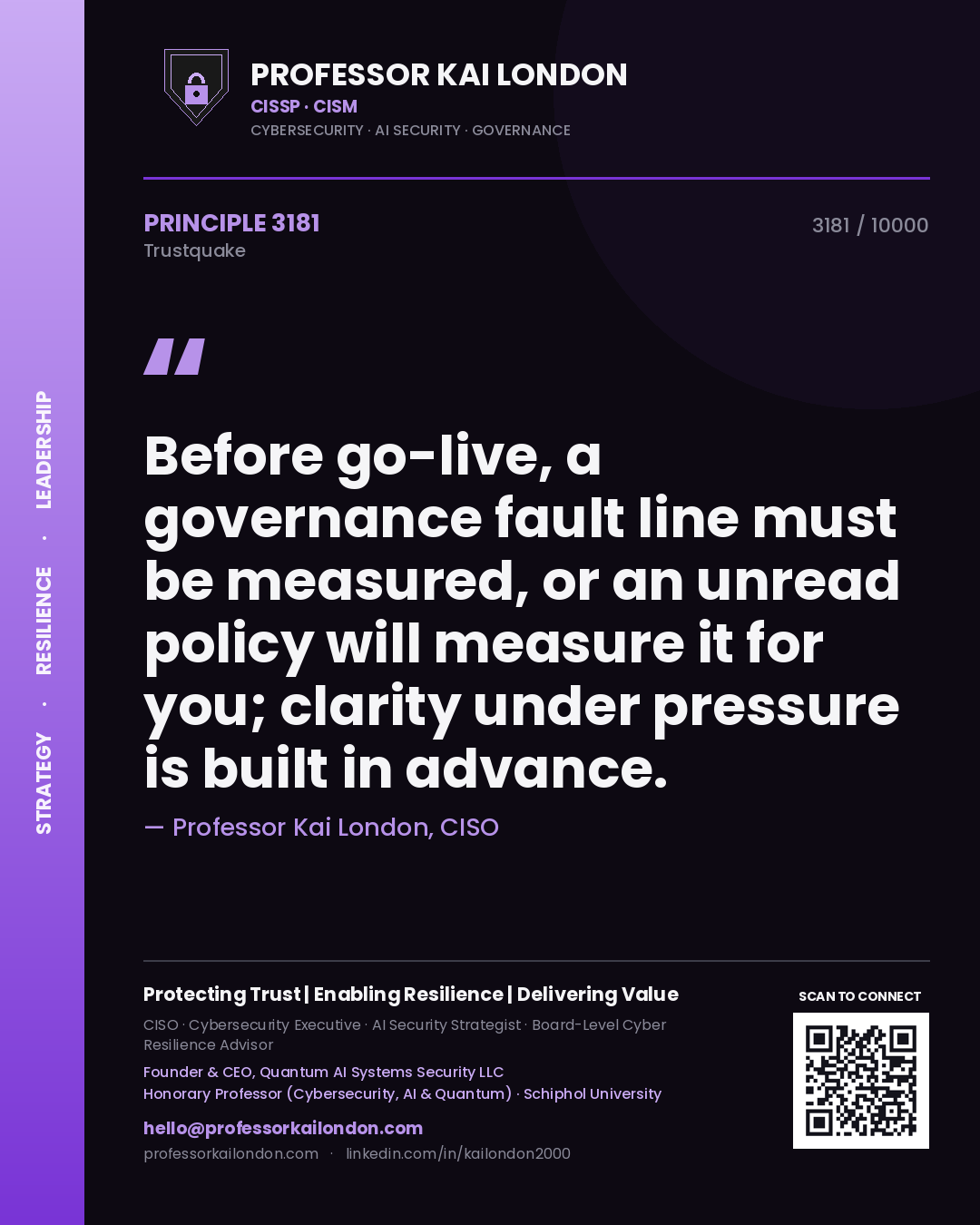 Quote card by Professor Kai London reading 'Before go-live, a governance fault line must be measured, or an unread policy will measure it for you; clarity under pressure is built in advance.'. From the book Trustquake.