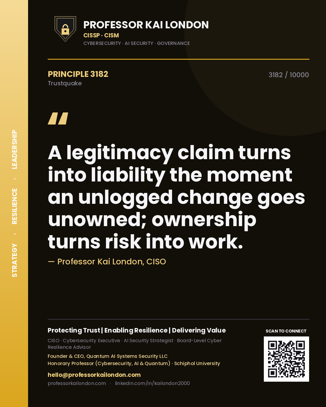 Quote card by Professor Kai London reading 'A legitimacy claim turns into liability the moment an unlogged change goes unowned; ownership turns risk into work.'. From the book Trustquake.