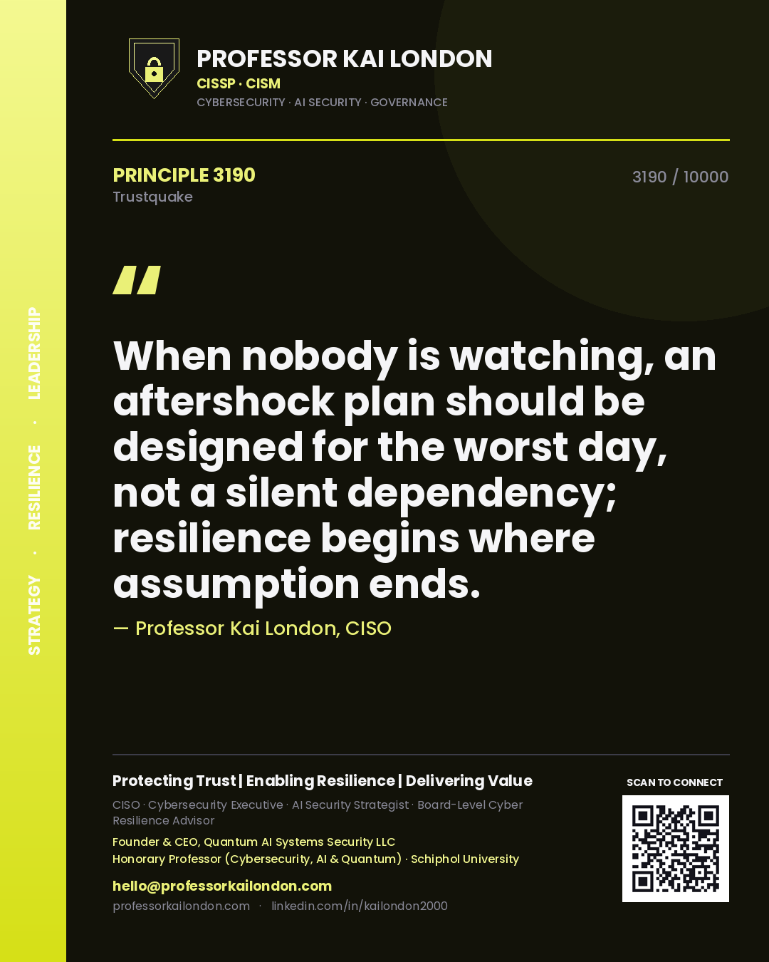 Professor Kai London principle 3190: When nobody is watching, an aftershock plan should be designed for the worst day, not a silent dependency; resilience begins where assumption ends.