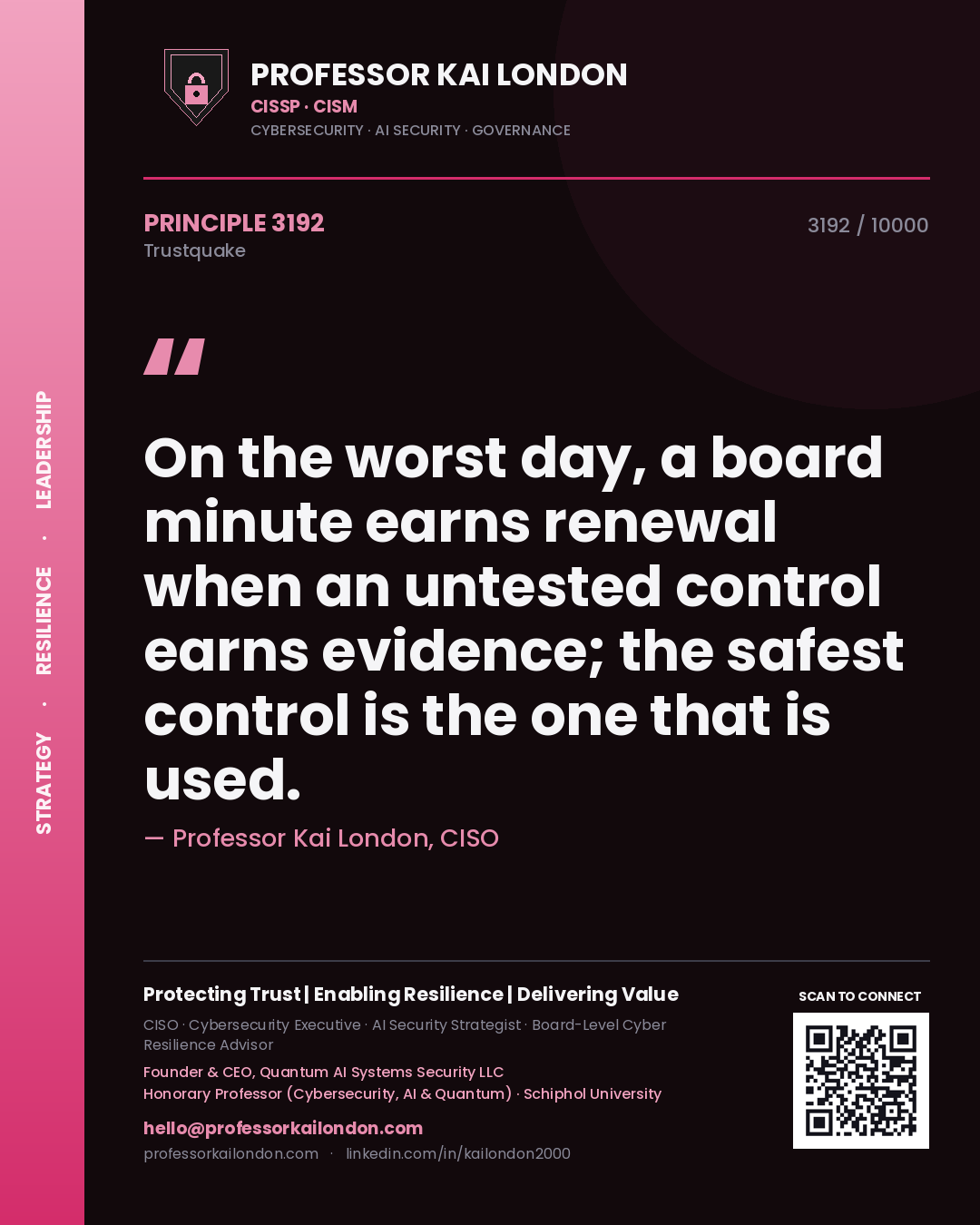 Quote card by Professor Kai London reading 'On the worst day, a board minute earns renewal when an untested control earns evidence; the safest control is the one that is used.'. From the book Trustquake.