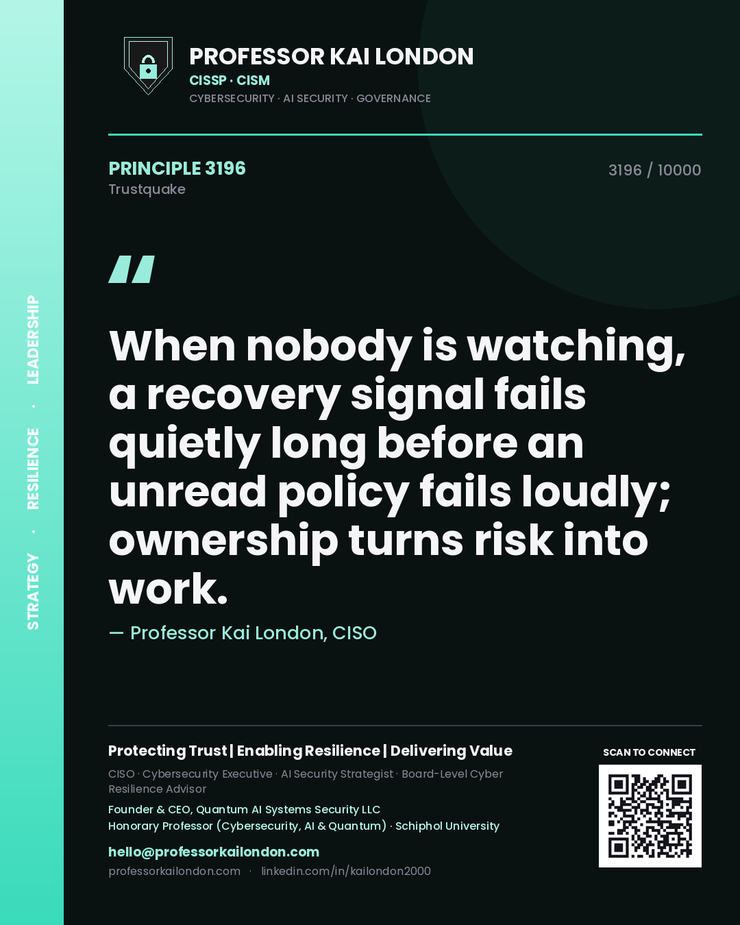 Quote card by Professor Kai London reading 'When nobody is watching, a recovery signal fails quietly long before an unread policy fails loudly; ownership turns risk into work.'. From the book Trustquake.