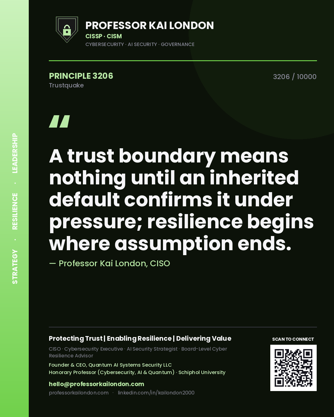 Quote card by Professor Kai London reading 'A trust boundary means nothing until an inherited default confirms it under pressure; resilience begins where assumption ends.'. From the book Trustquake.
