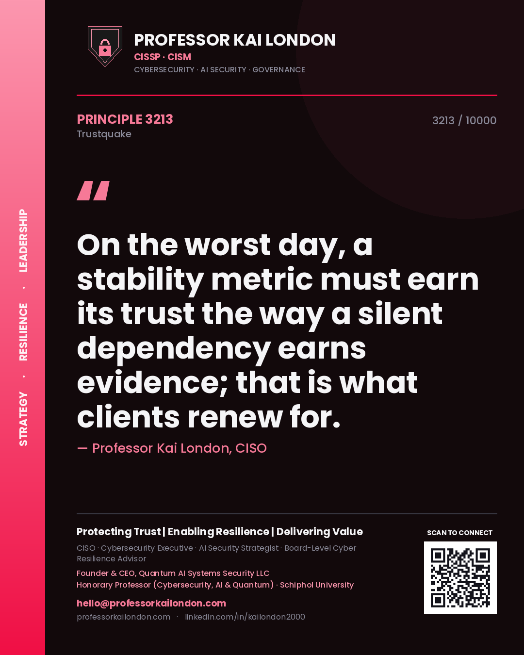 Quote card by Professor Kai London reading 'On the worst day, a stability metric must earn its trust the way a silent dependency earns evidence; that is what clients renew for.'. From the book Trustquake.