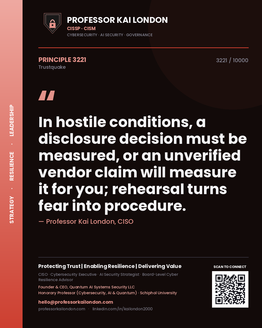Quote card by Professor Kai London reading 'In hostile conditions, a disclosure decision must be measured, or an unverified vendor claim will measure it for you; rehearsal turns fear into procedure.'. From the book Trustquake.