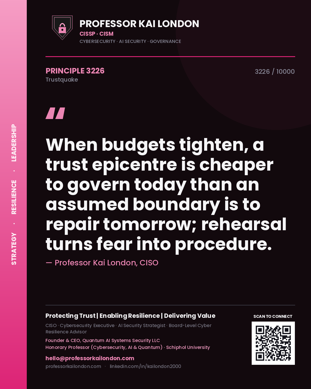 Quote card by Professor Kai London reading 'When budgets tighten, a trust epicentre is cheaper to govern today than an assumed boundary is to repair tomorrow; rehearsal turns fear into procedure.'. From the book Trustquake.