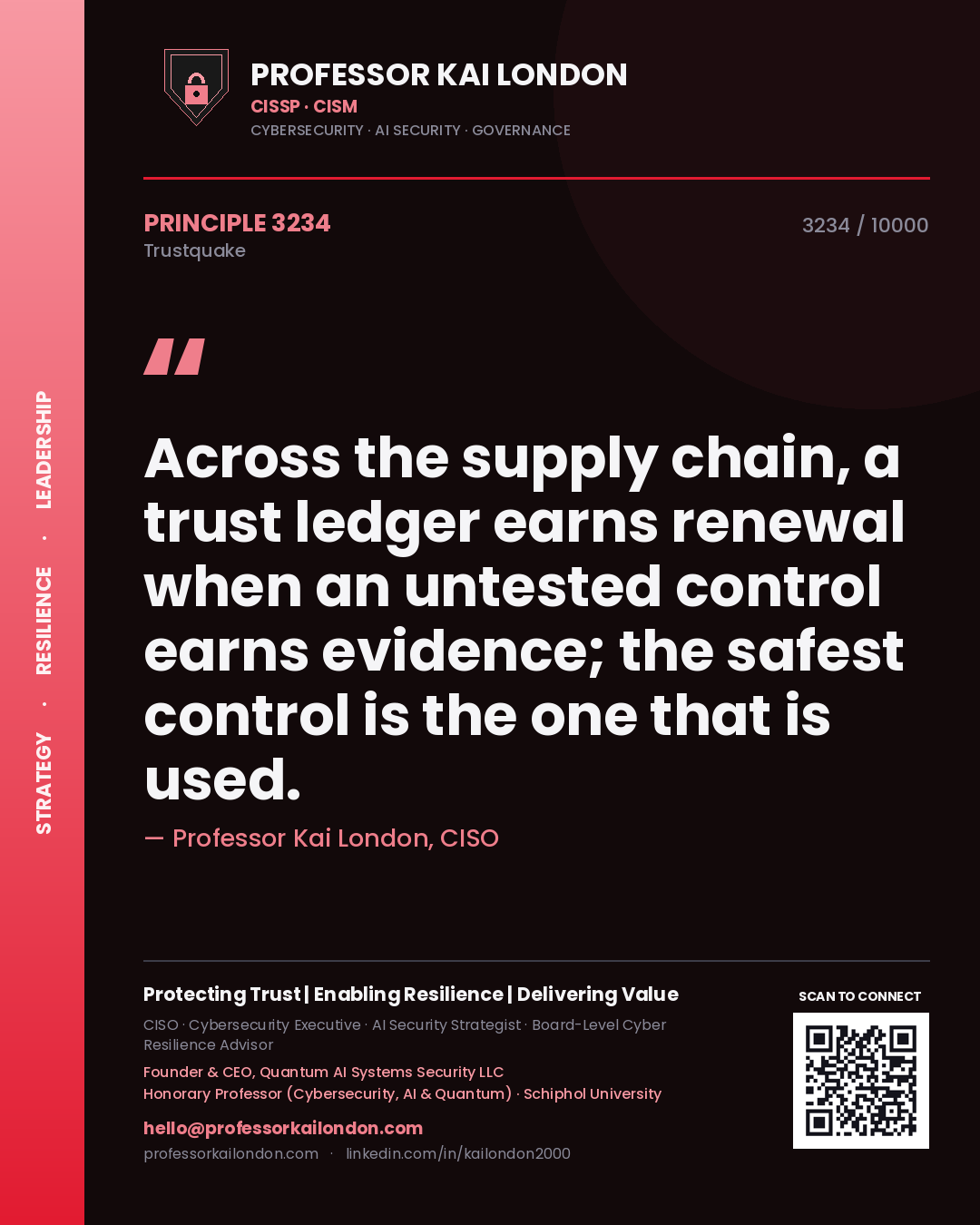 Quote card by Professor Kai London reading 'Across the supply chain, a trust ledger earns renewal when an untested control earns evidence; the safest control is the one that is used.'. From the book Trustquake.