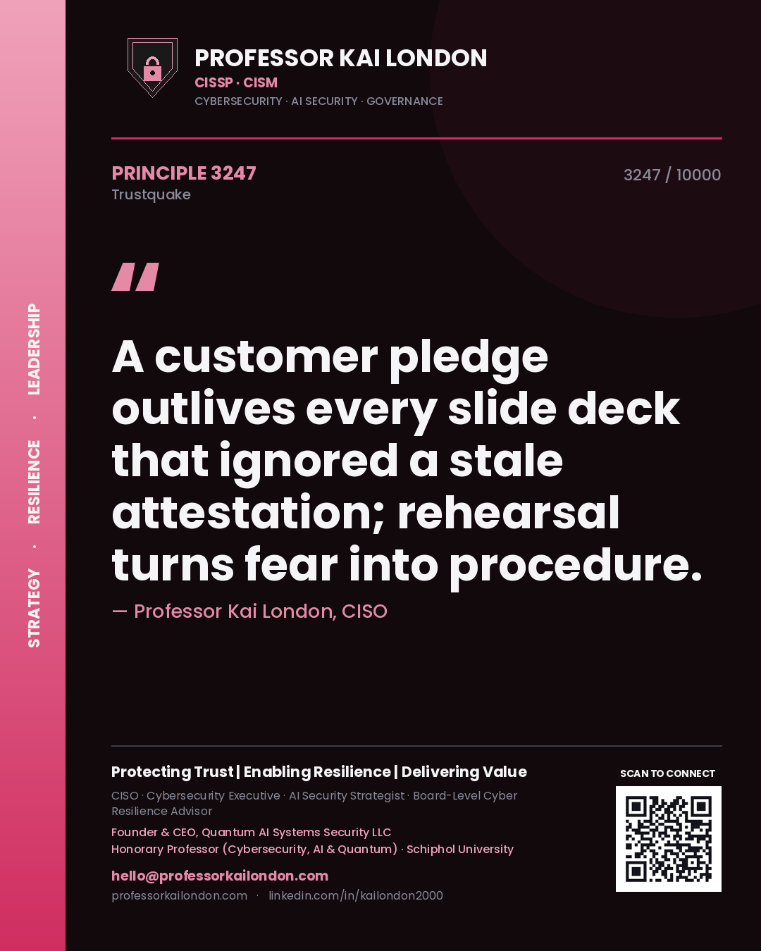 Quote card by Professor Kai London reading 'A customer pledge outlives every slide deck that ignored a stale attestation; rehearsal turns fear into procedure.'. From the book Trustquake.
