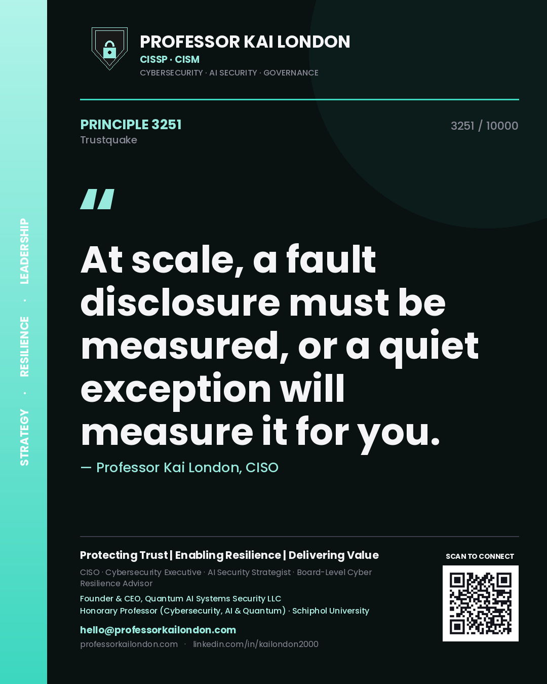 Quote card by Professor Kai London reading 'At scale, a fault disclosure must be measured, or a quiet exception will measure it for you.'. From the book Trustquake.